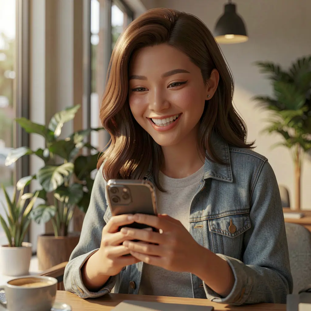 MRGROUP88 App – Fast and smooth access to your favorite casino games on mobile Stylish Malaysian woman holding her phone with the MRGROUP88 casino app open, enjoying fast access to games and smooth mobile play