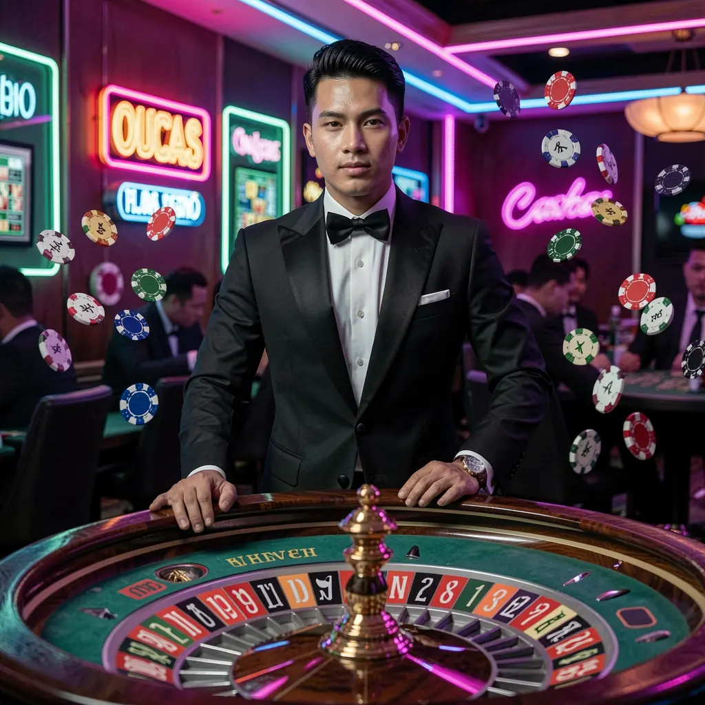Elegant live casino dealer in a tuxedo standing by a roulette table with glowing lights representing the premium live gaming experience at MRGROUP88 for Malaysia
